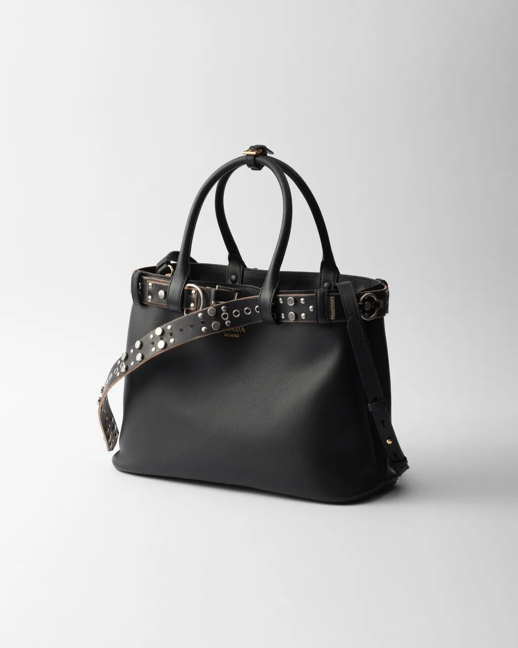 Large Prada Buckle Leather Bag With Studded Belt