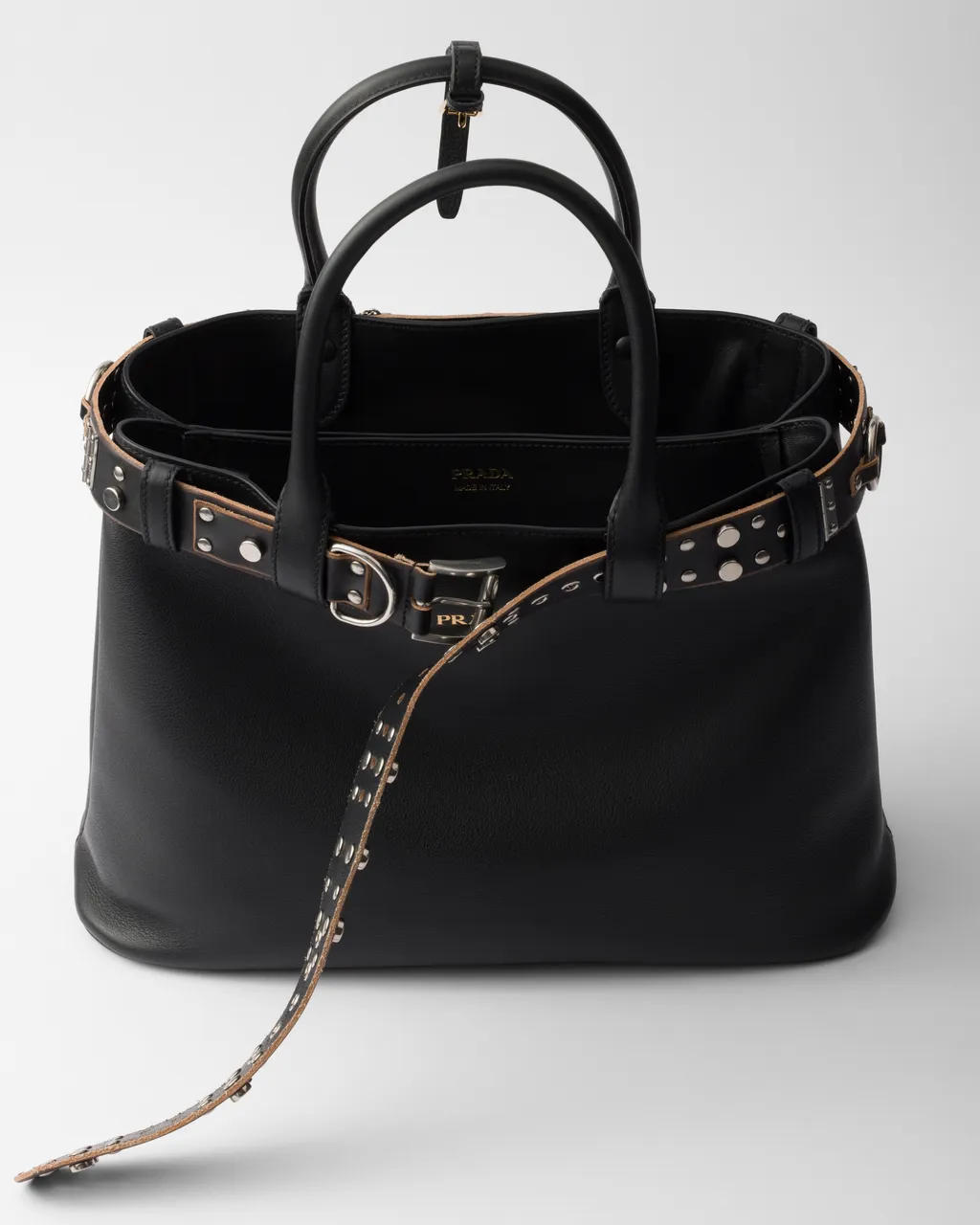 Large Prada Buckle Leather Bag With Studded Belt