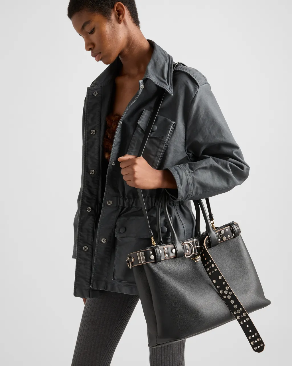 Large Prada Buckle Leather Bag With Studded Belt