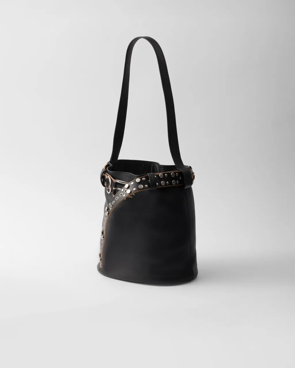 Prada Buckle Leather Bucket Bag With Studded Belt