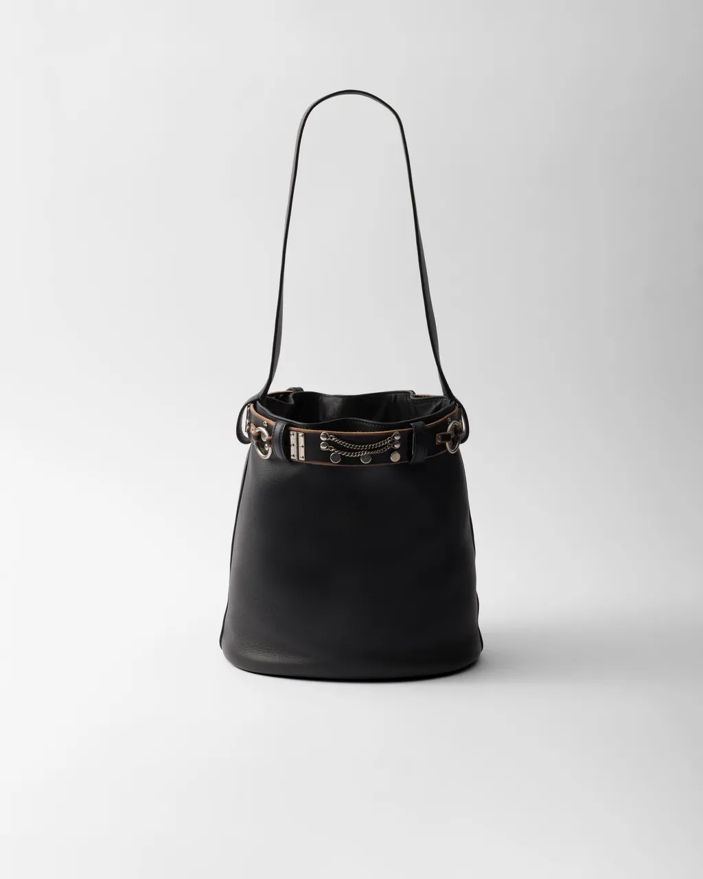 Prada Buckle Leather Bucket Bag With Studded Belt