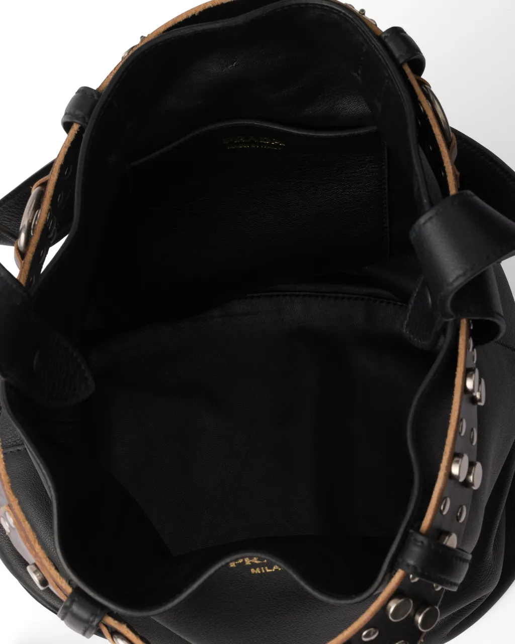 Prada Buckle Leather Bucket Bag With Studded Belt