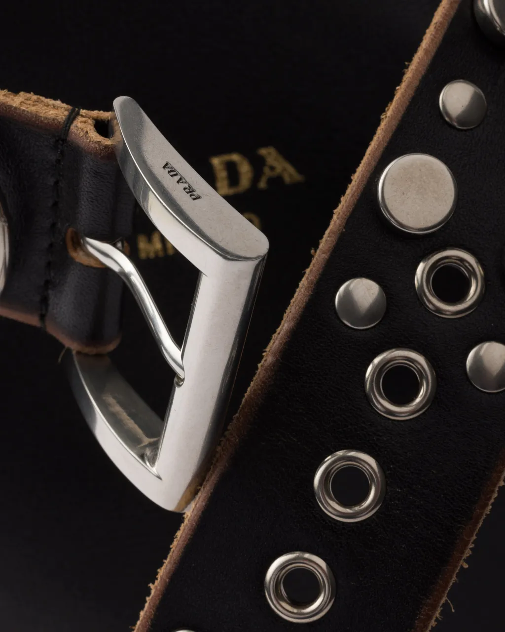 Prada Buckle Leather Bucket Bag With Studded Belt