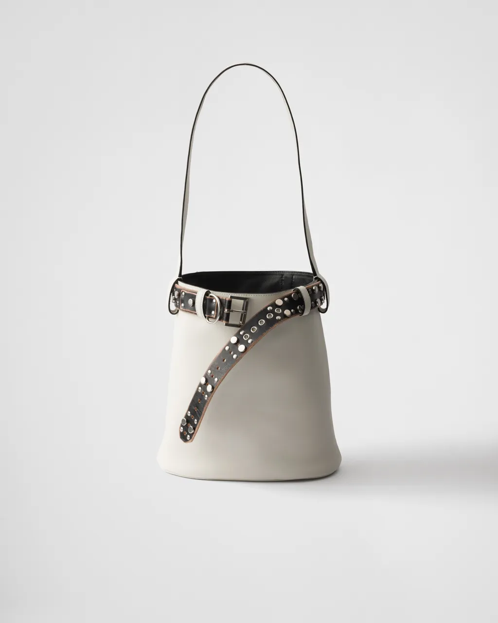 Prada Buckle Leather Bucket Bag With Studded Belt