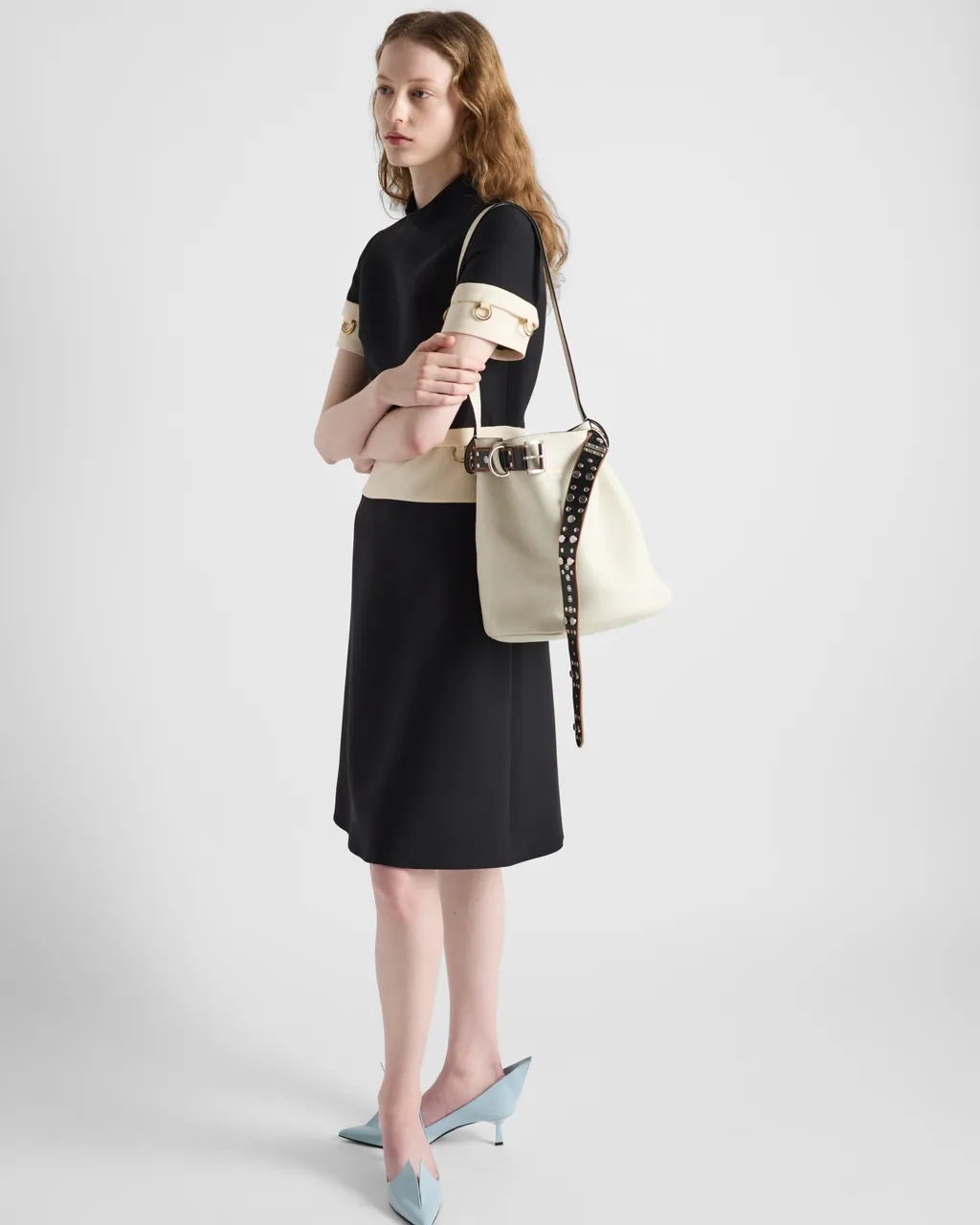 Prada Buckle Leather Bucket Bag With Studded Belt