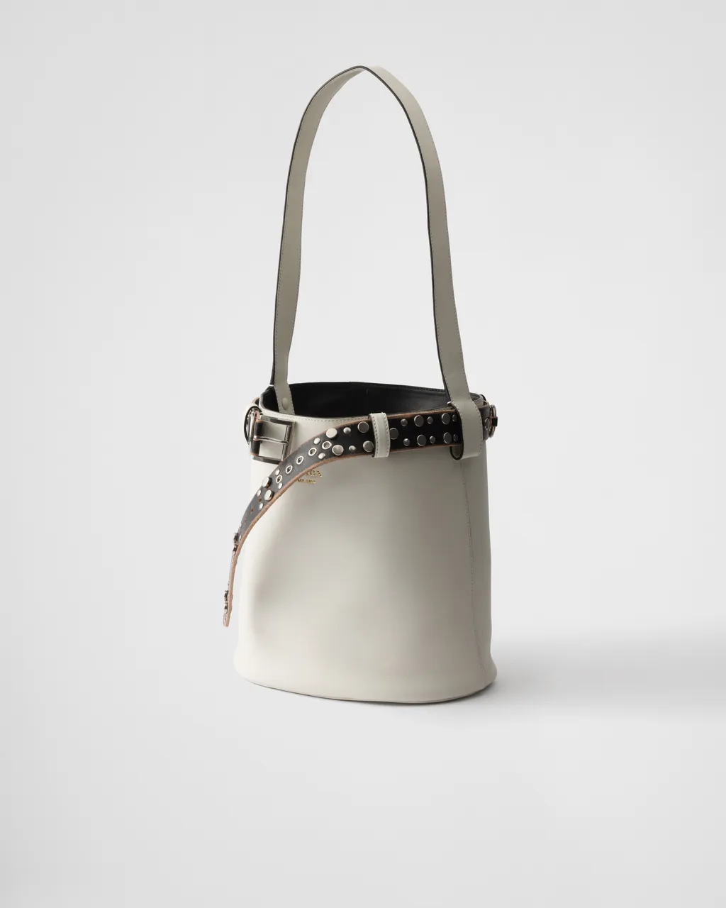Prada Buckle Leather Bucket Bag With Studded Belt