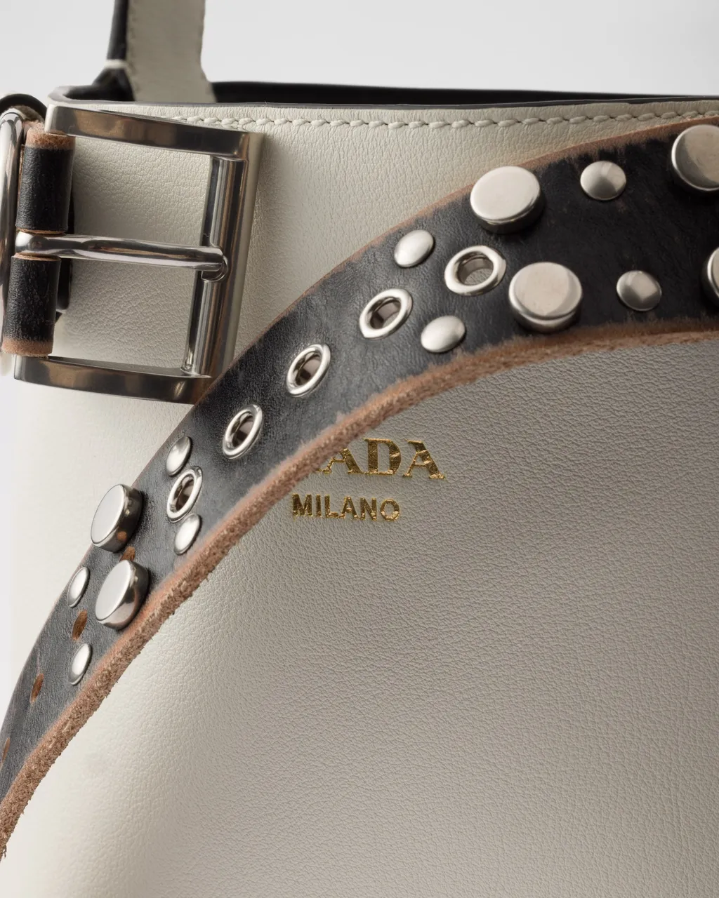 Prada Buckle Leather Bucket Bag With Studded Belt