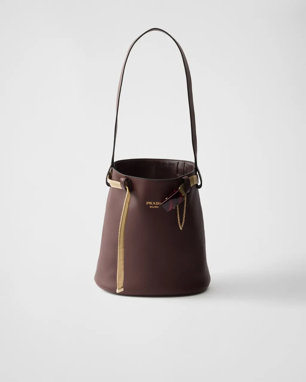Prada Buckle Leather Bucket Bag With Jeweled Belt