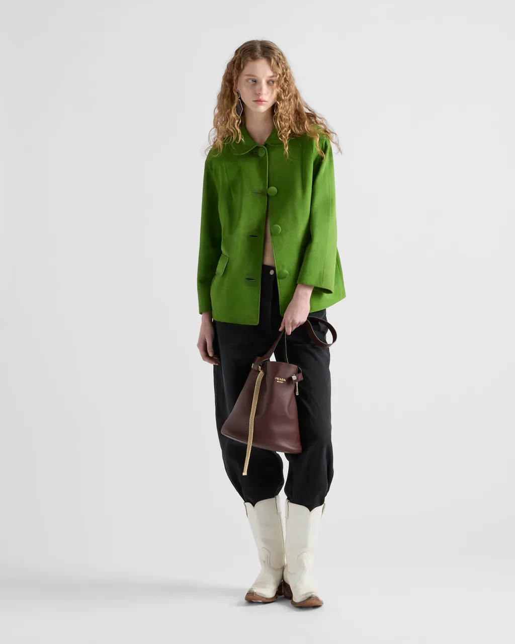 Prada Buckle Leather Bucket Bag With Jeweled Belt