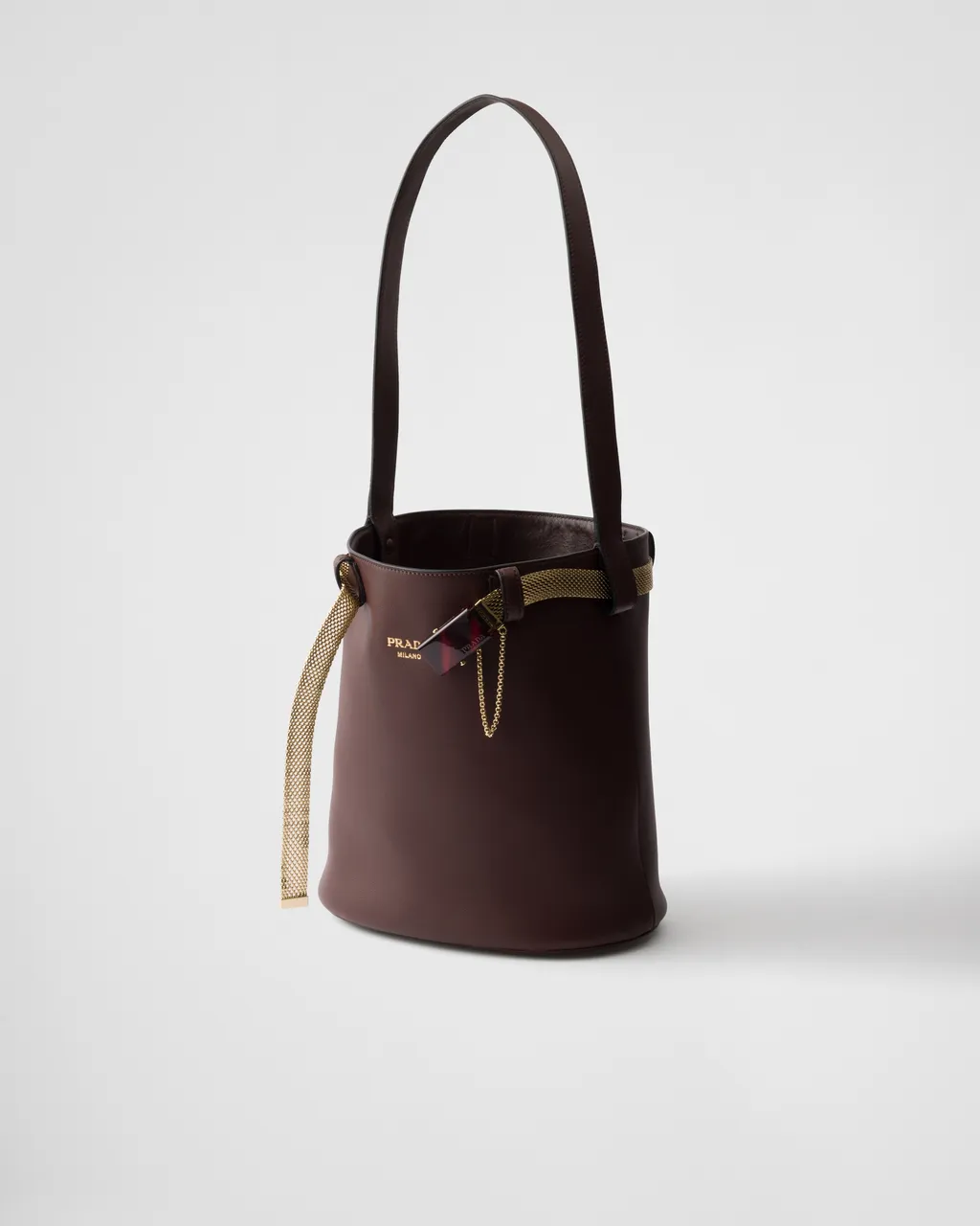 Prada Buckle Leather Bucket Bag With Jeweled Belt