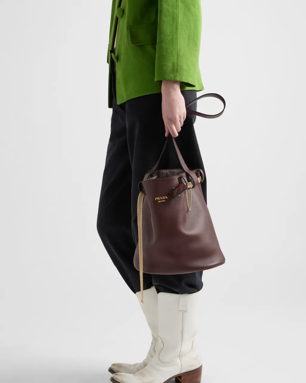 Prada Buckle Leather Bucket Bag With Jeweled Belt