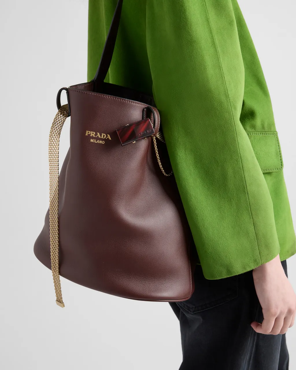 Prada Buckle Leather Bucket Bag With Jeweled Belt