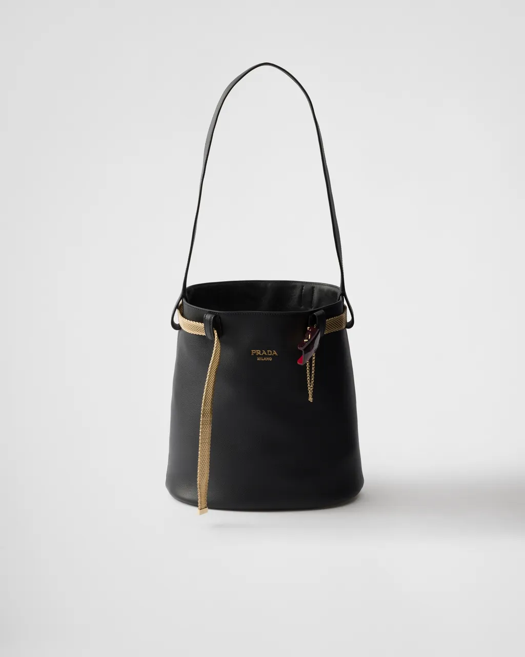 Prada Buckle Leather Bucket Bag With Jeweled Belt