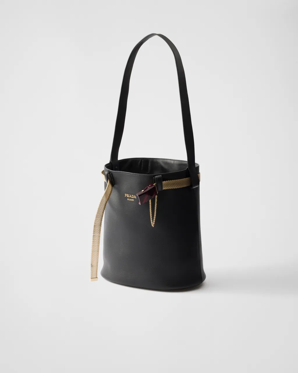Prada Buckle Leather Bucket Bag With Jeweled Belt