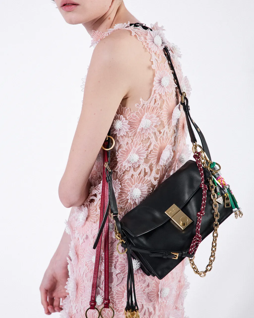 Prada Soft Sound Small Leather Shoulder Bag With Charms