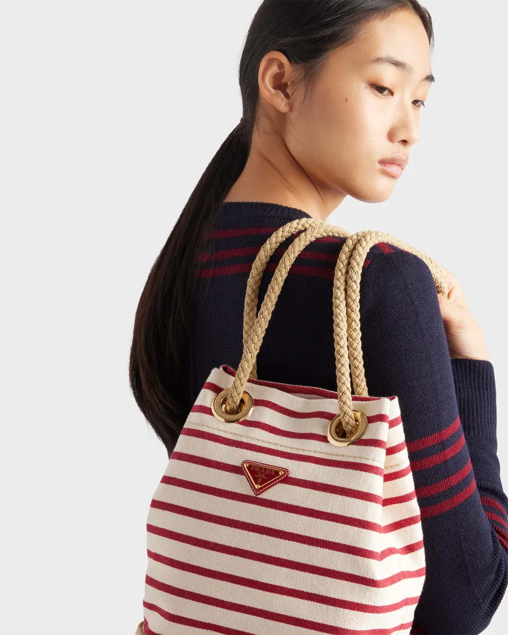 Prada Mariner Small Striped Fabric Bucket Bag