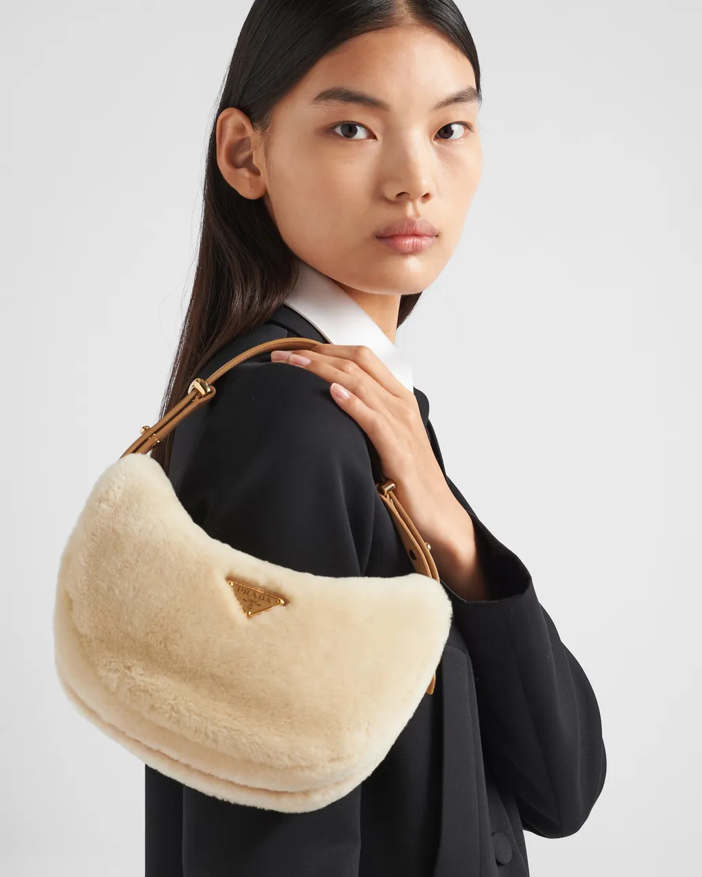 Prada Arqué Shearling And Leather Shoulder Bag