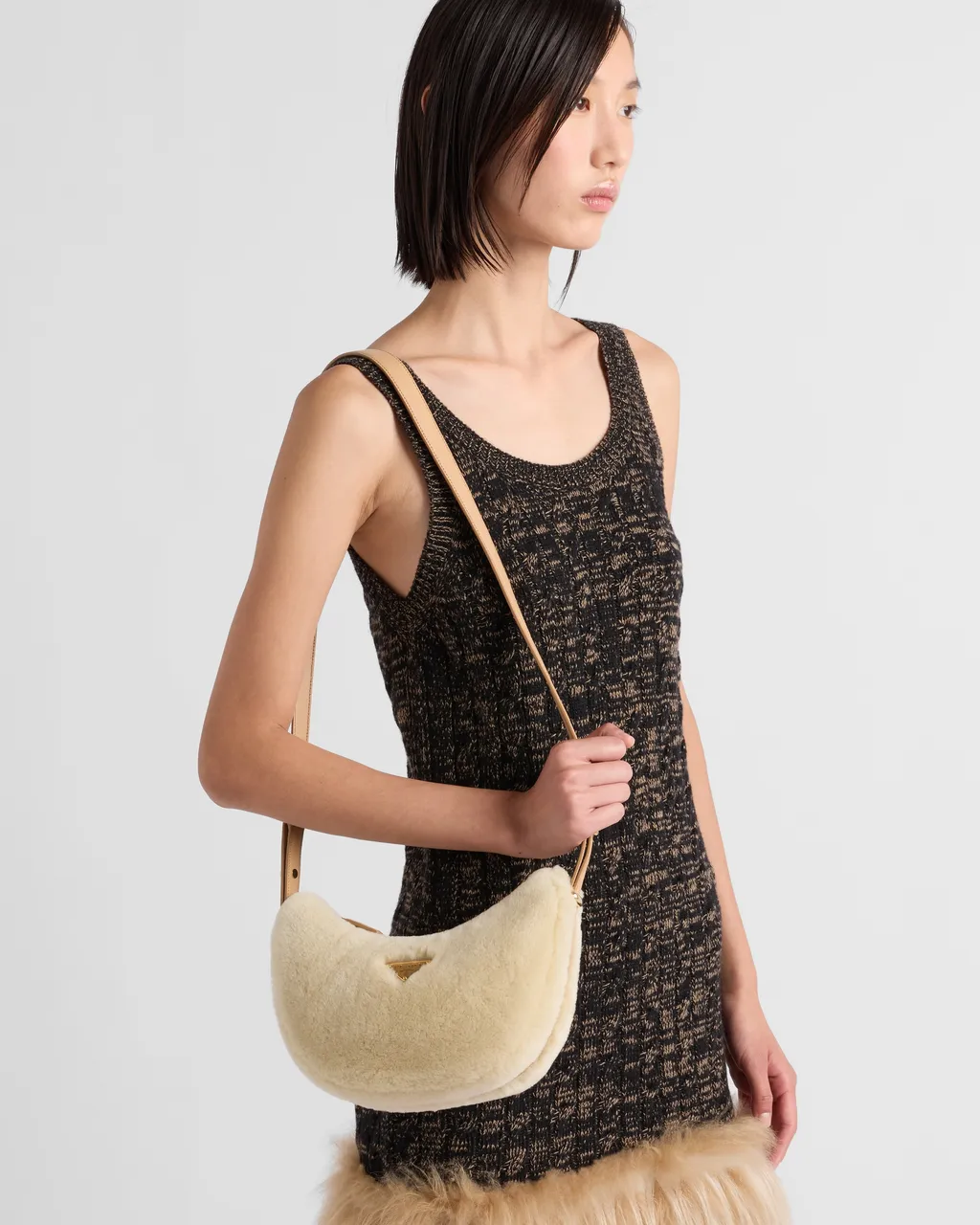Prada Arqué Shearling And Leather Shoulder Bag