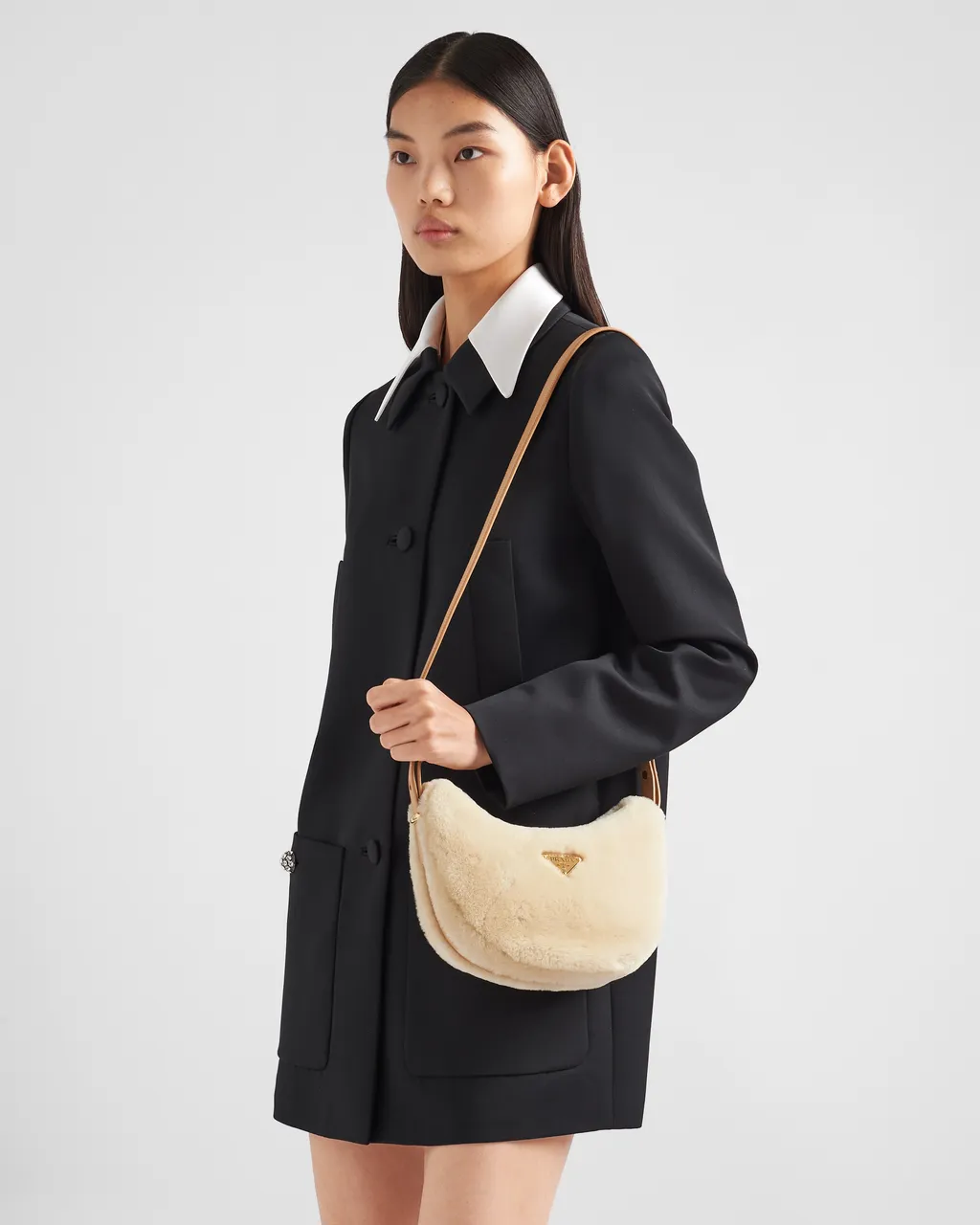 Prada Arqué Shearling And Leather Shoulder Bag