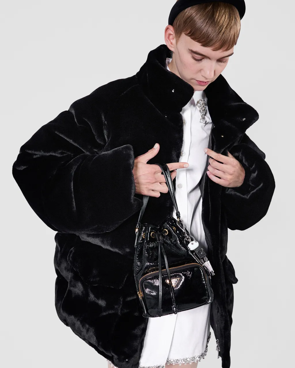 Prada Duet Naplak Patent Leather Bucket Bag