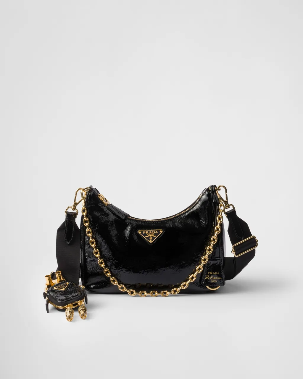 Prada Re-Edition 2005 Naplak Patent Leather Bag With Charm