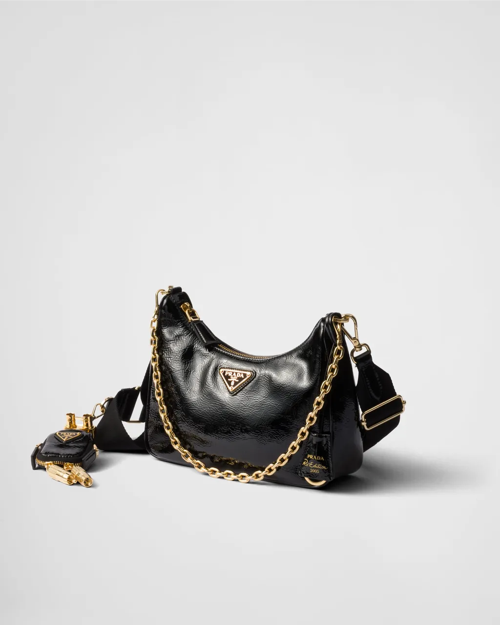 Prada Re-Edition 2005 Naplak Patent Leather Bag With Charm