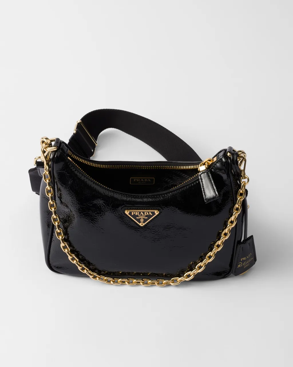 Prada Re-Edition 2005 Naplak Patent Leather Bag With Charm