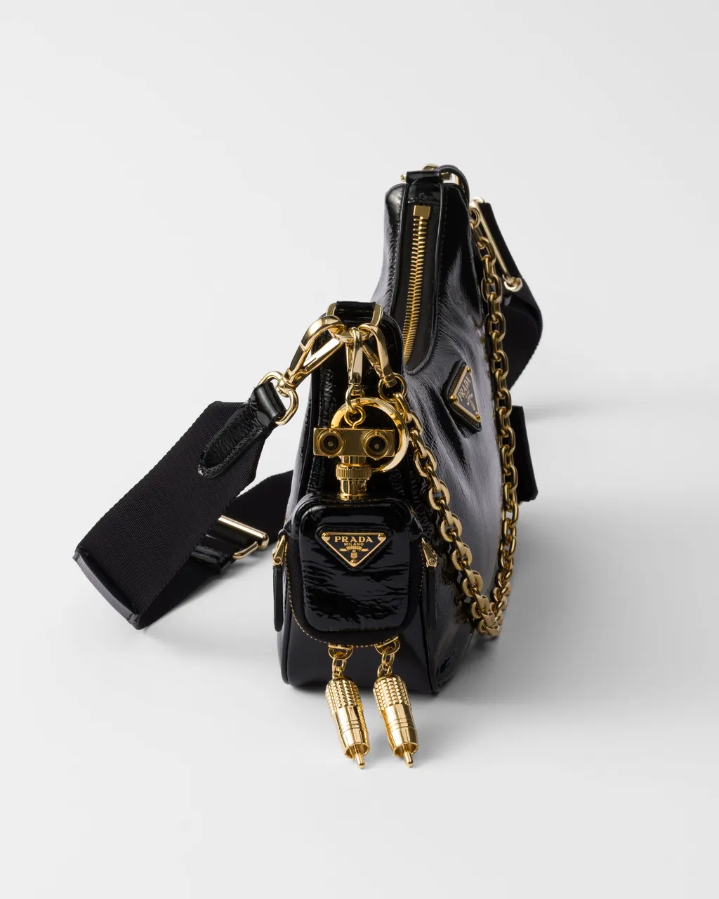 Prada Re-Edition 2005 Naplak Patent Leather Bag With Charm
