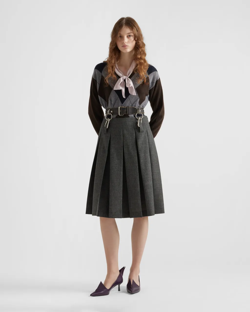 Pleated Rush Stitch Skirt With Belt