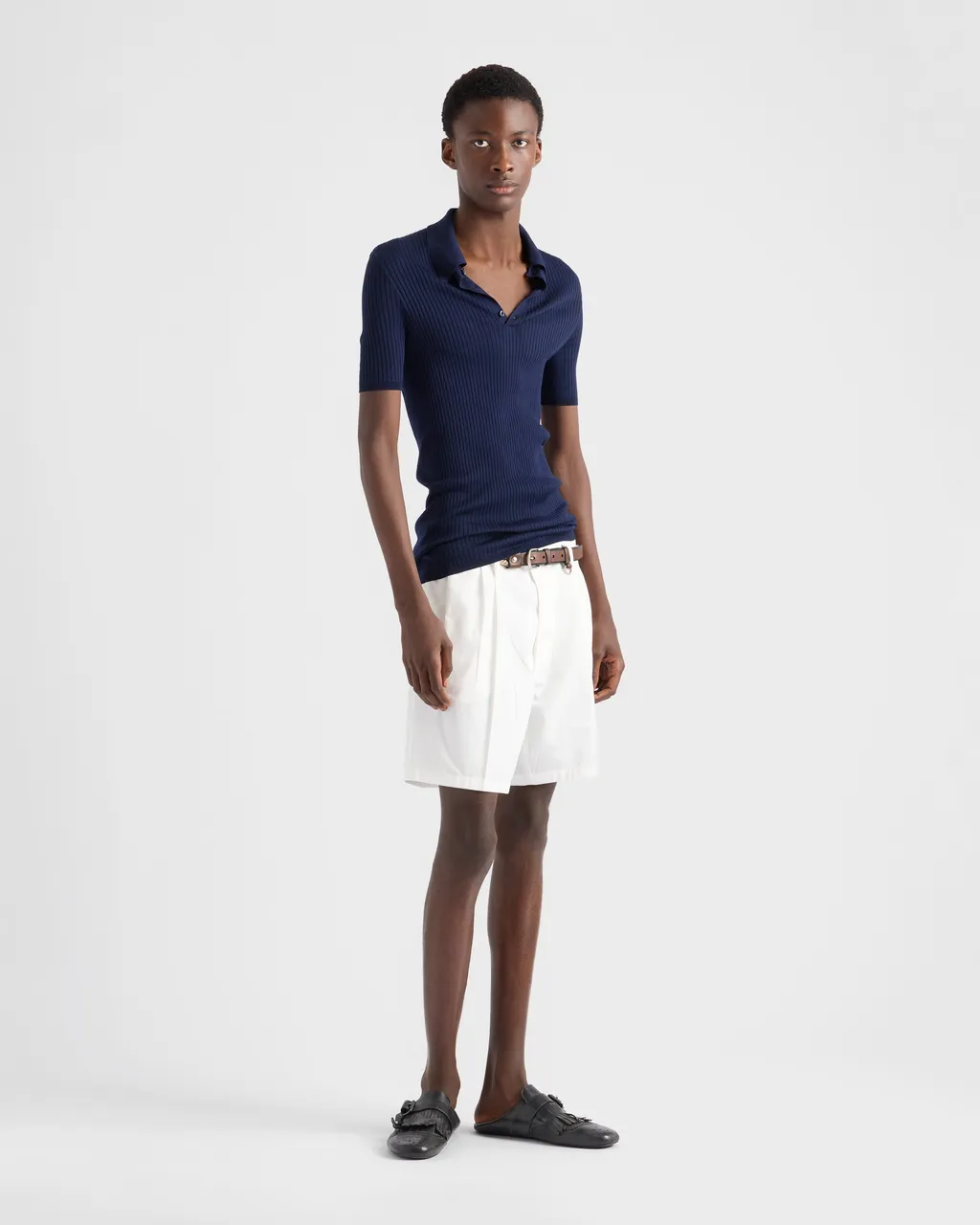 Ribbed Knit Cotton Polo Shirt