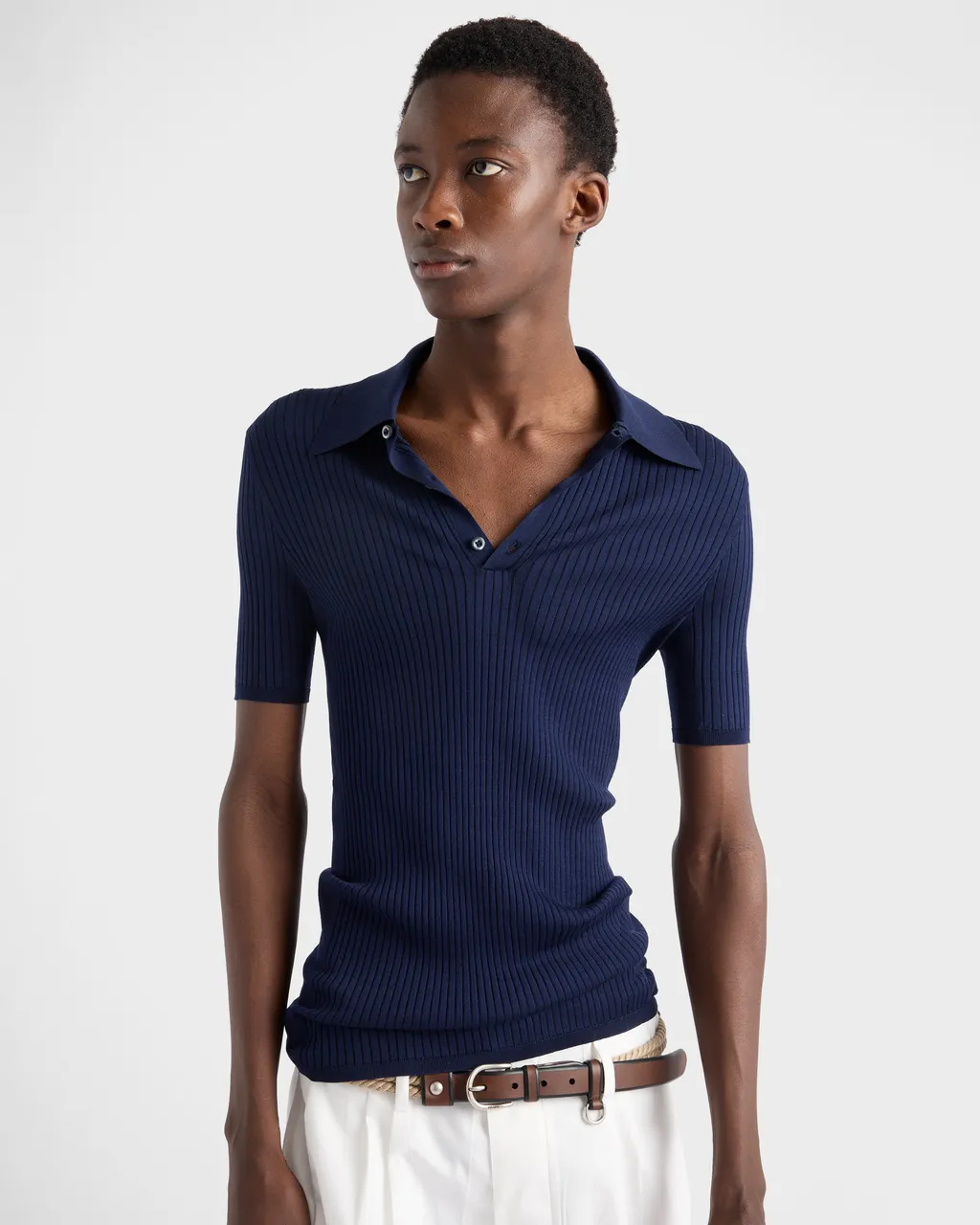Ribbed Knit Cotton Polo Shirt
