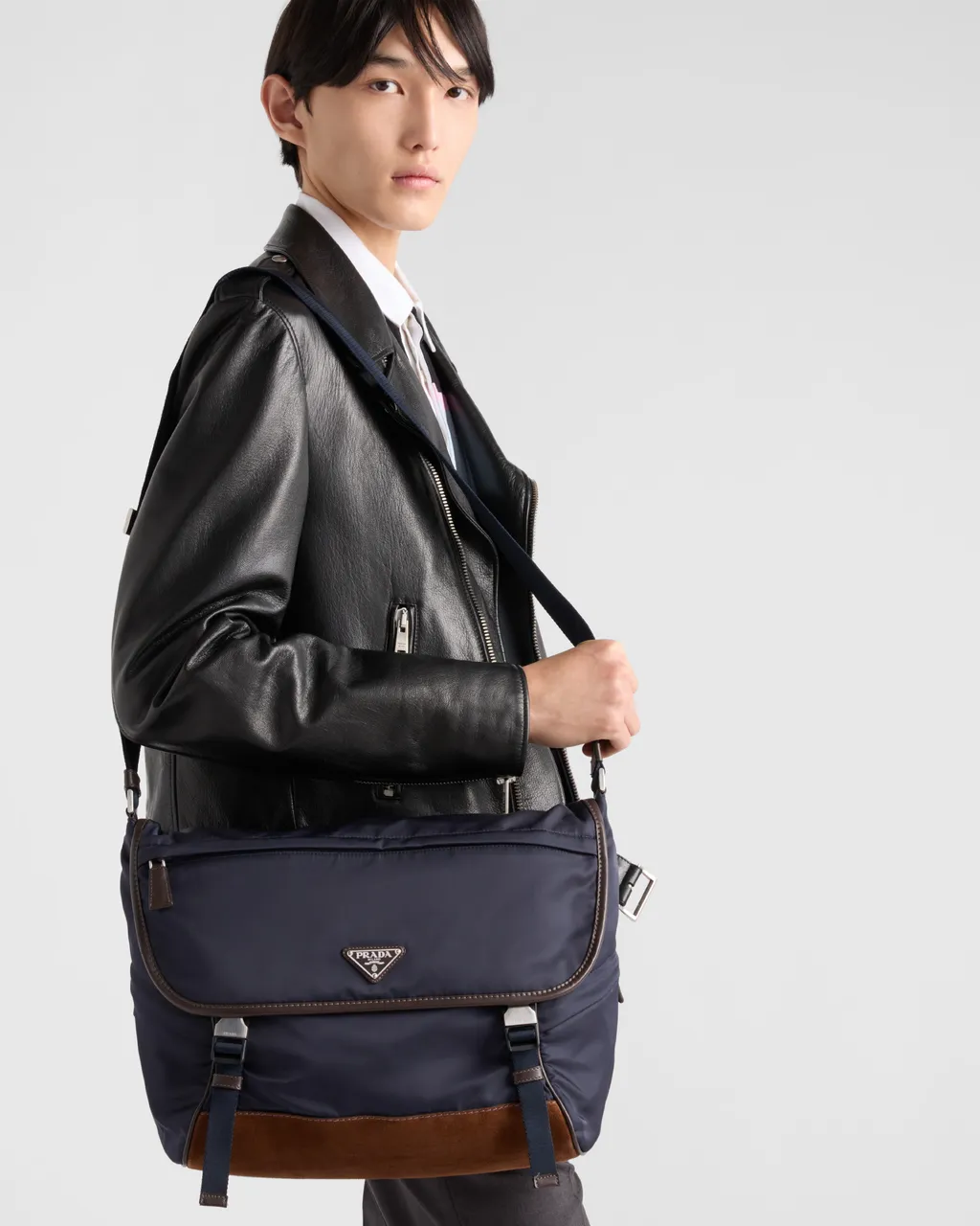 Large Re-Nylon And Leather Shoulder Bag