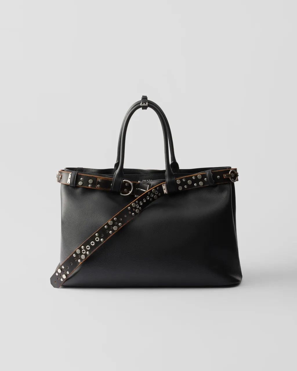 Prada Buckle Leather Bag With Studded Belt