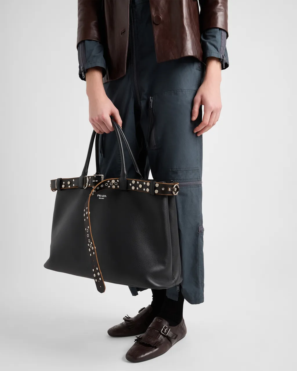 Prada Buckle Leather Bag With Studded Belt