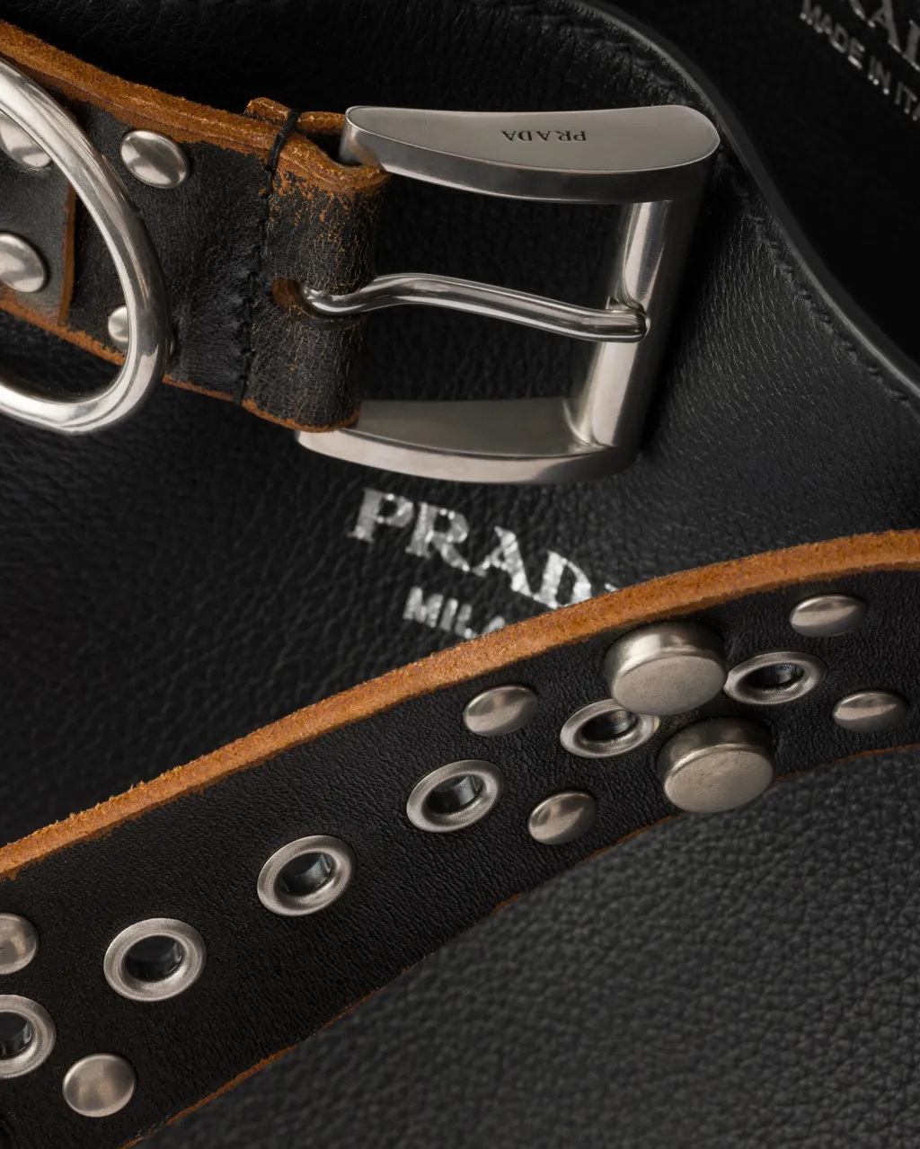 Prada Buckle Leather Bag With Studded Belt