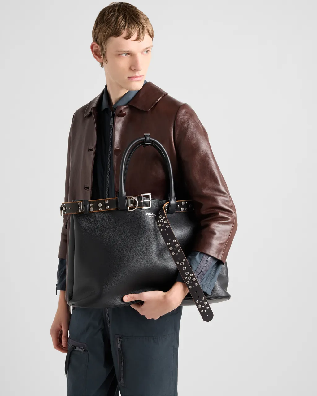 Prada Buckle Leather Bag With Studded Belt