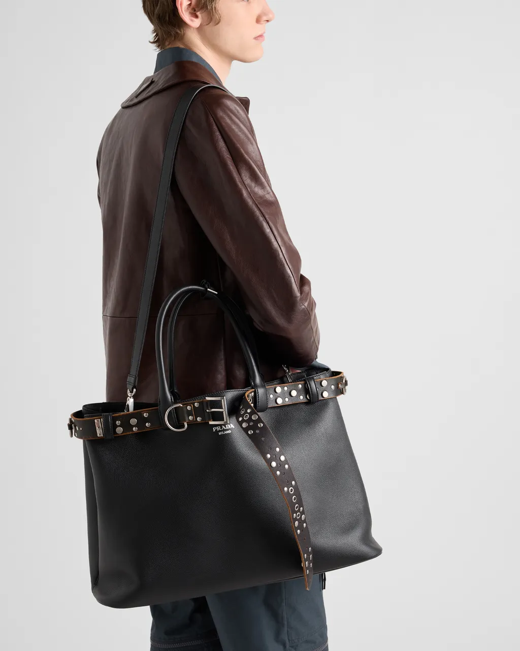 Prada Buckle Leather Bag With Studded Belt