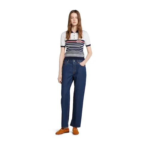 Cotton Stitch Polo Top With Intarsia