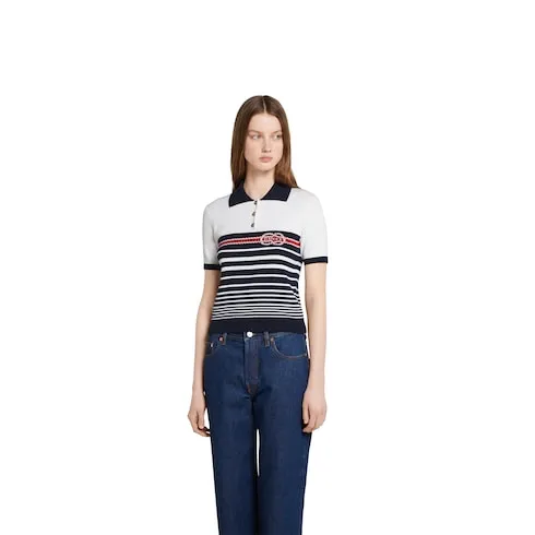 Cotton Stitch Polo Top With Intarsia