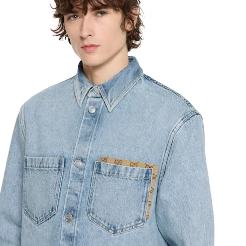 Washed Denim Shirt With Gg Insert