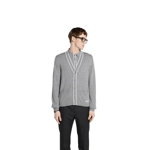 Fine Wool Knit Cardigan With Intarsia