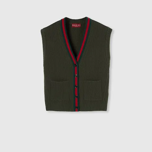 Rib Felted Wool Cardigan Vest With Web