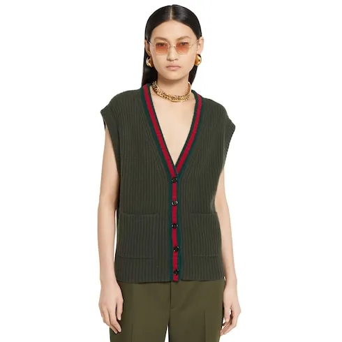 Rib Felted Wool Cardigan Vest With Web