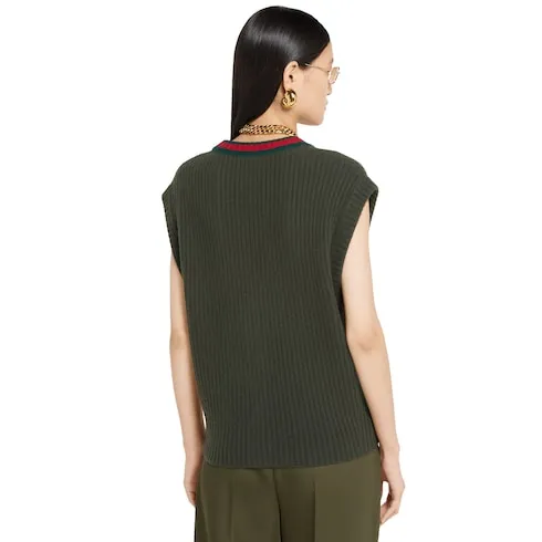 Rib Felted Wool Cardigan Vest With Web