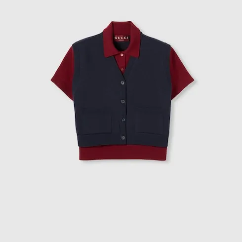 Wool Silk Polo Top With Vest Overlay