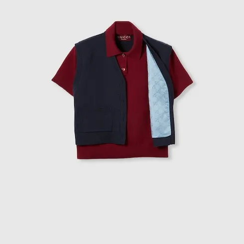 Wool Silk Polo Top With Vest Overlay