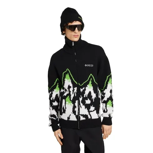 Wool Jacquard Zip Jacket With Intarsia