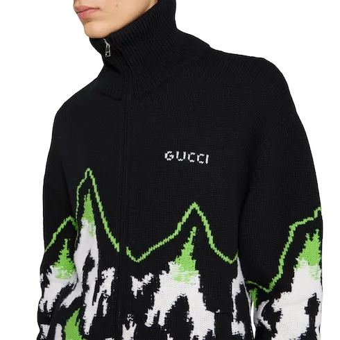 Wool Jacquard Zip Jacket With Intarsia