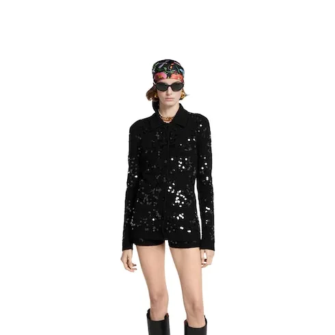 Tweed Blend Polo Cardigan With Embroidery