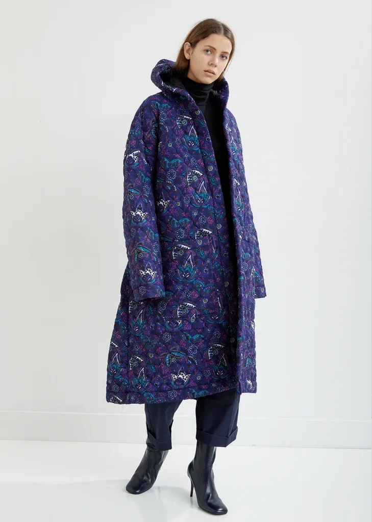 Blue Quilted Printed Coat